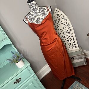 Lulus Satin Drape Midi Slip Dress Size Large Rust Orange Wedding Guest